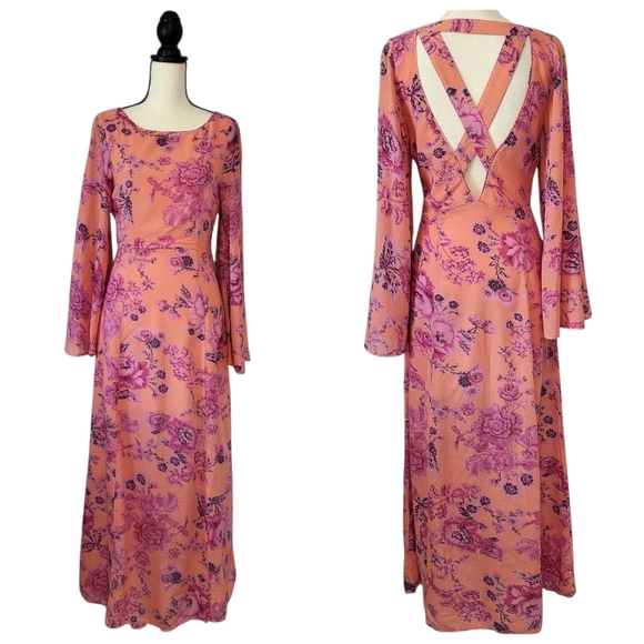 Free People Melrose Dress Bell Sleeve Criss Cross Back Detal Maxi Floral Size 4 - Picture 1 of 12
